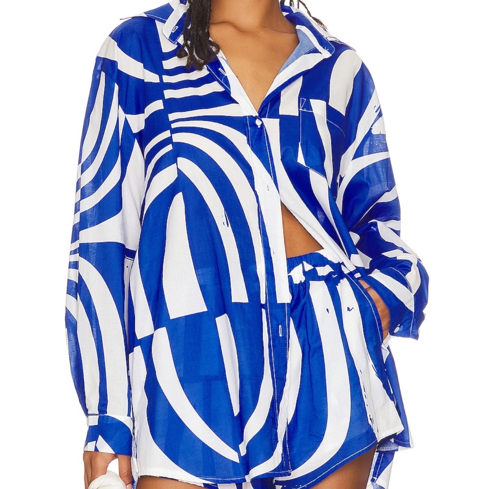 Sndys Vibrant Blue and White Oversized Button Down Shirt and Shorts
